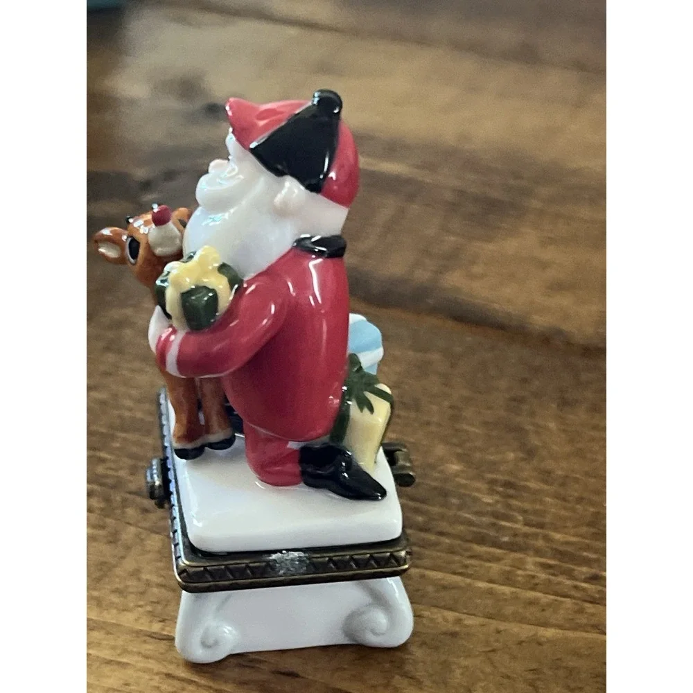 PHB Midwest of Cannon Falls Rudolph & Santa Porcelain Hinged Trinket Box 1999